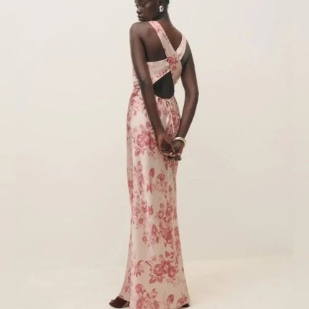 NEW Reformation Anaiis Long Silk Dress Cameo Rose Pink Cream Floral | size 4 - Picture 3 of 12
